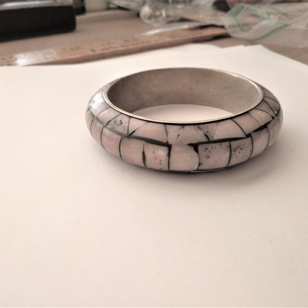 Silvertone Bangle With Simulated Jade 3.5 Inch - image 3